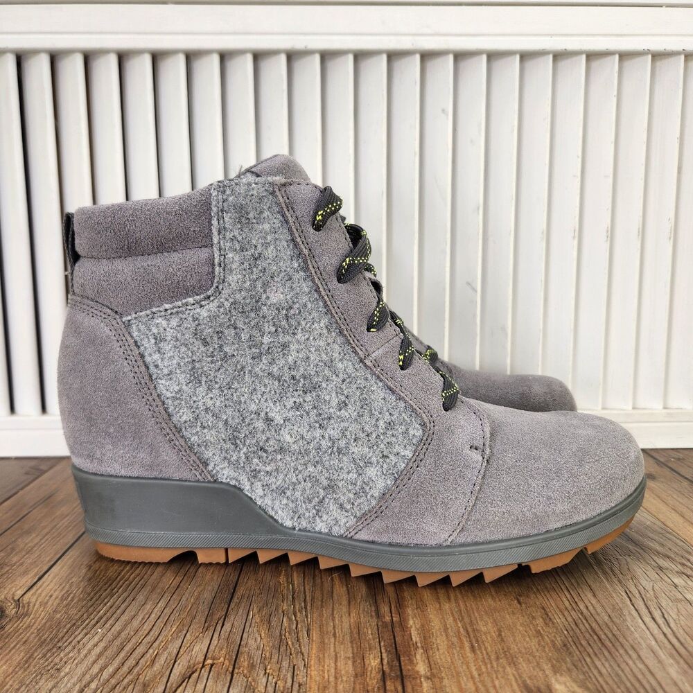Sorel Evie Ankle Lace Up Boots Womens Size 10 Gray Suede Felt Hidden Wedge Heel